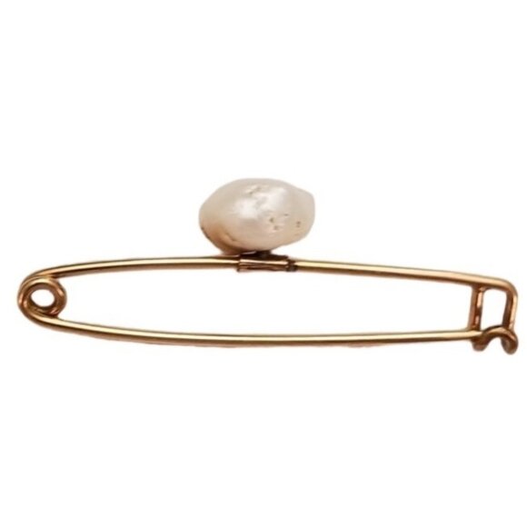 Gold Tone Baroque Chunky Pearl Safety Pin Brooch L59 - Picture 4 of 9